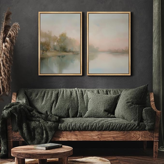 MUDECOR Framed Canvas Print Wall Art Tranquil Reflection Serene River Landscape Illustrations Modern Art Decorative Bohemian Chic for Living Room, Bedroom, Office - 16"x24"x2 Natural