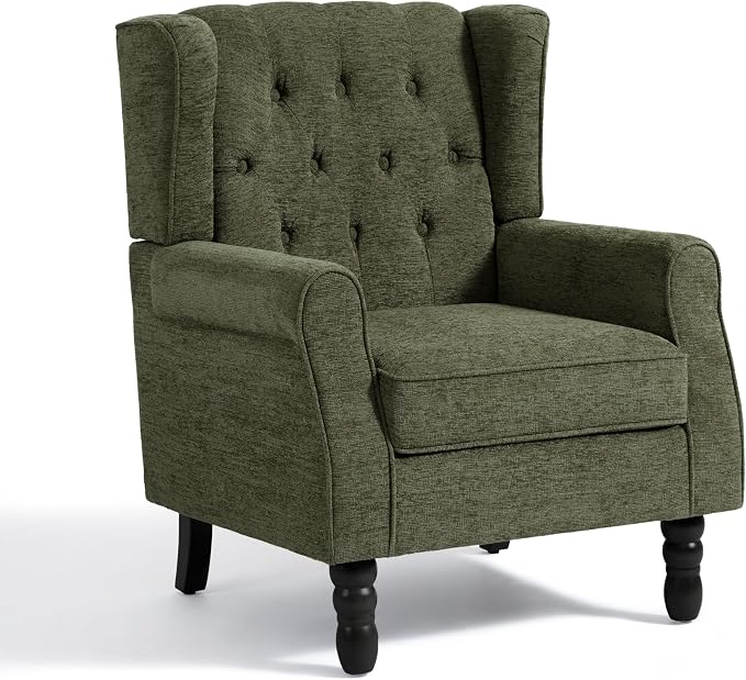 High Back Accent Chair, Fabric Upholstered Armchair Wingback Chair for Living Room, Comfy Single Sofa Solid Wood Legs Bedroom Side Reading Seat - Olive Green