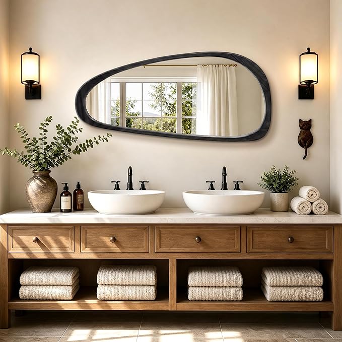 Asymmetrical Mirror, 48"x22" Irregular Mirror Full Length, Wood Wall Mirror for Bathroom Bedroom Living Room Entryway Hallway, Mid Century Modern Decor (Black)