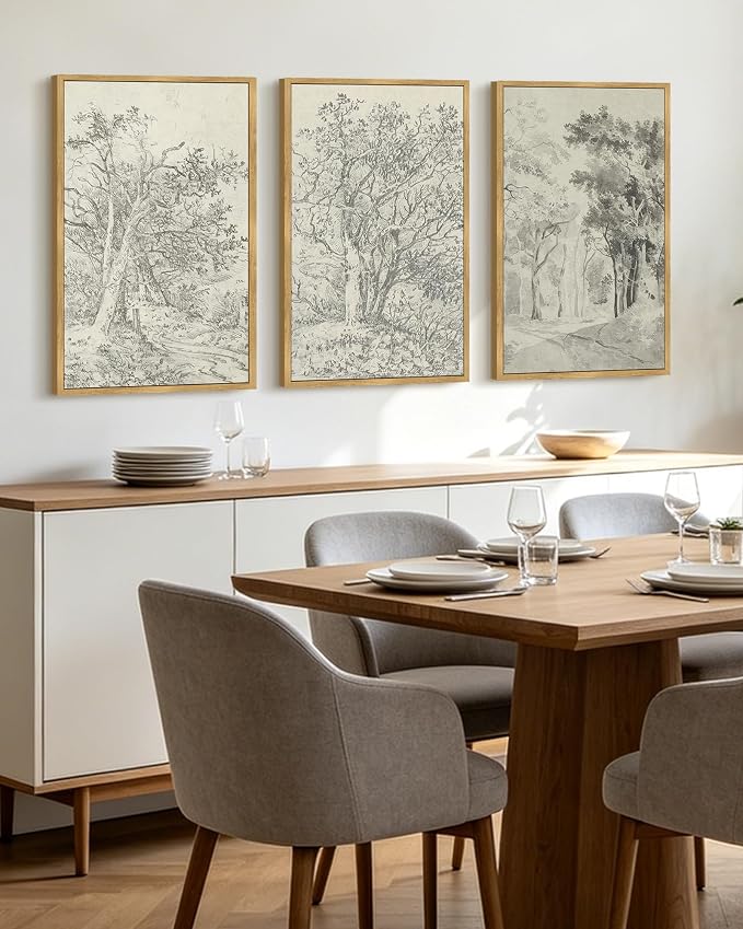 KUVIOKE Vintage Tree Framed Wall Art Retro Antique Forest Drawings Nature Wilderness Sketch Wall Painting Modern Landscape Decor 16x24in (Natural Framed)