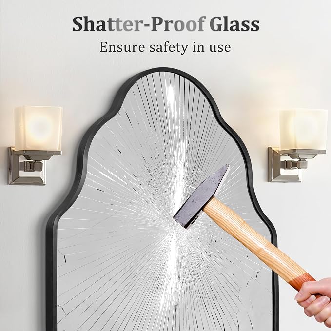 Scalloped Mirror for Bathroom - 26"x46" Black Bathroom Mirror with Aviation Aluminum Alloy Frame & Shatter-Proof Glass for Living Room Bedroom Entryway, Brushed Black Frame(x1)