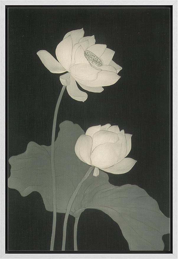 Woodrose Framed Canvas Print Wall Art Monochrome Lotus Blossoms Elegant Nature Illustrations Modern Art Minimalist 3D Colorful Ultra for Living Room, Bedroom, Office - 16"x24" WHITE