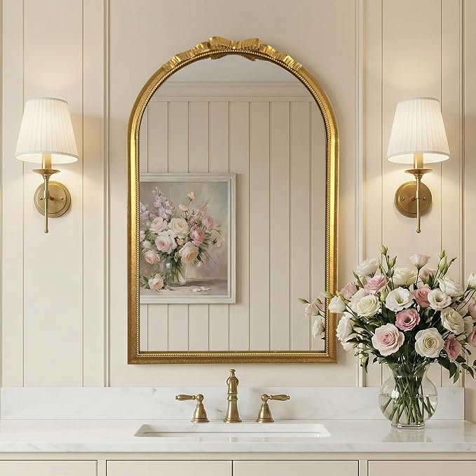Vintage Gold Bow Arched Mirror 24"x39" - Large Elegant French Ribbon & Beaded Metal Frame Wall Mirror - Antique Baroque Decor Wall Mirror for Bedroom Dresser, Bathroom, Living Room