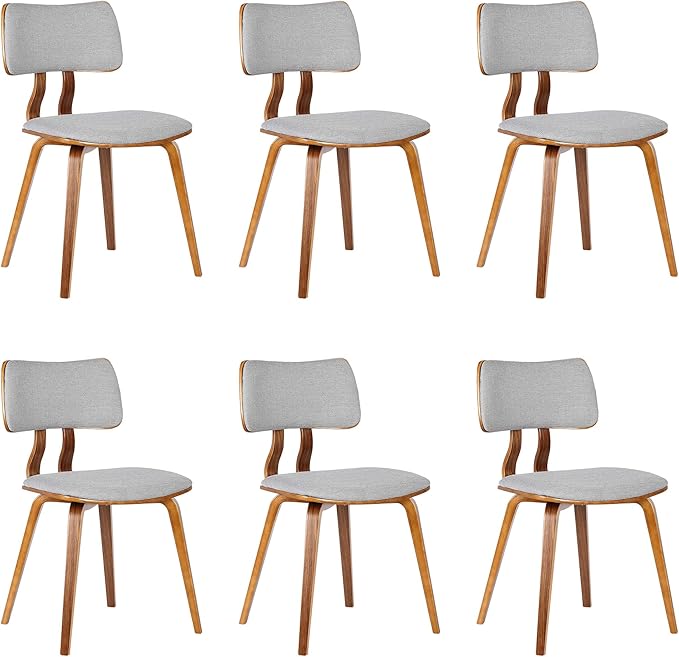 Armen Living Jaguar Mid-Century Dining Chair in Walnut Wood and Gray Fabric - Set of 6