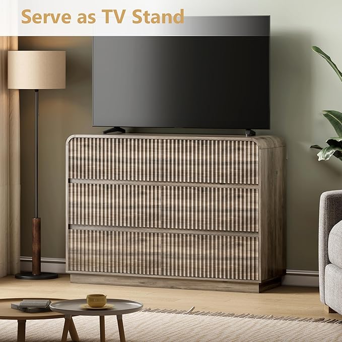 Grey Dresser Fluted 6 Drawers Dresser for Bedroom, 47" Wide Wood Chest of Drawers with Hidden Handles & Rounded Corners, Modern TV Stand Storage Cabinet for Living Room, Hallway, Entryway