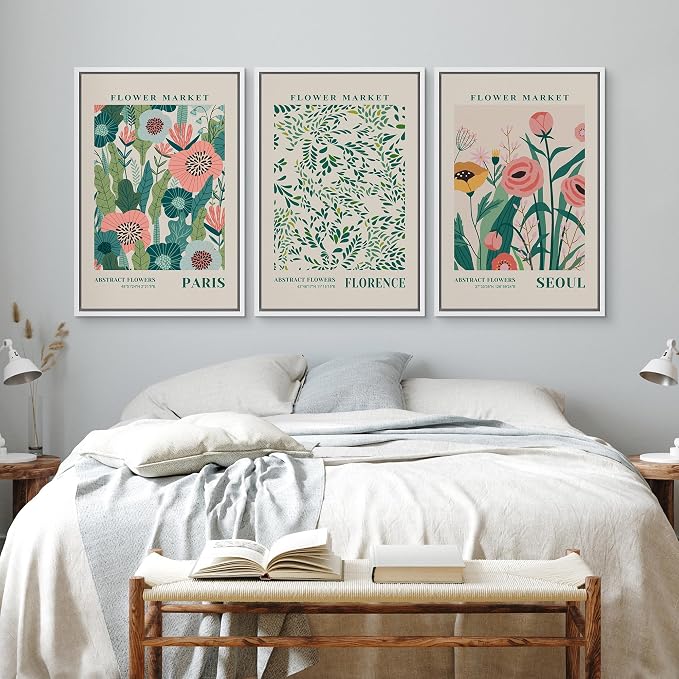 wall26 Framed Canvas Print Wall Art Set Watercolor Pastel Vibrant Flower Market Prints Nature Wilderness Illustrations Modern Art Decorative Floral Botanical Minimal for Bedroom - 16"x24"x3 White