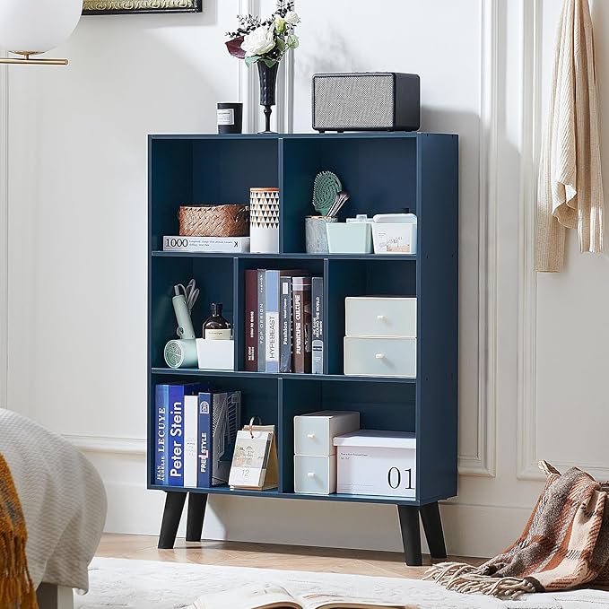 LEYAOYAO Cube Bookshelf 3 Tier Mid-Century Rustic Dark Blue Modern Bookcase with Legs,Retro Wood Bookshelves Storage Organizer Shelf,Freestanding Open Book Shelves for Bedroom,Living Room,Office