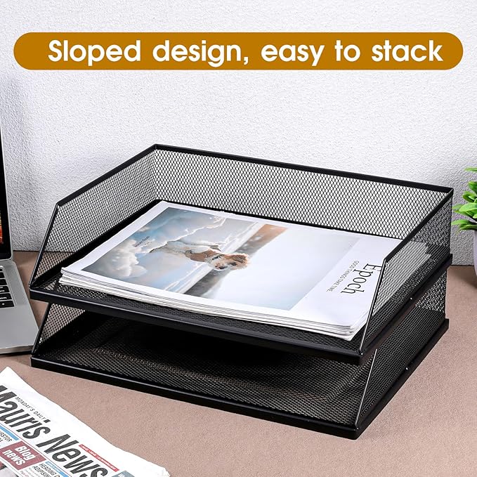 2 Pack Wire Mesh Letter Trays Paper Tray, 2-Tier Metal Mesh Desktop Organizer, Stackable Metal Front-Load Documents Tray, File Folder Sorter Organizer for Office Home(Transverse)