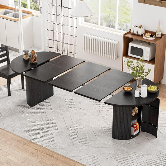43-95 inch Long Round Extendable Dining Table for 4-10, Space Saving Oval Large Dinner Kitchen Table with 3 Leaf, 2 Storage, Fluted Mid Century Modern Dining Room Table for Living Room, Black
