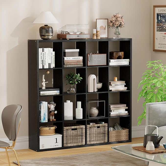 16-Cube Storage Organizer Bookcase, Thick Frame Wood Grain Storage Shelf, Rectangular Cube Open Back Display Unit, 48.8x9.4x48.8 Inches for Living Room, Bedroom, Home Office, Embossed Black