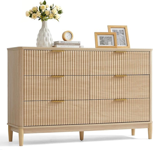 LINSY Fluted Dresser for Bedroom with 6 Drawers, Mid Century Modern Chest of Drawers with Gold Metal Handles, Wide Boho Wood Dressers, Large Farmhouse Storage Cabinet for Bedroom, Living Room, Oak