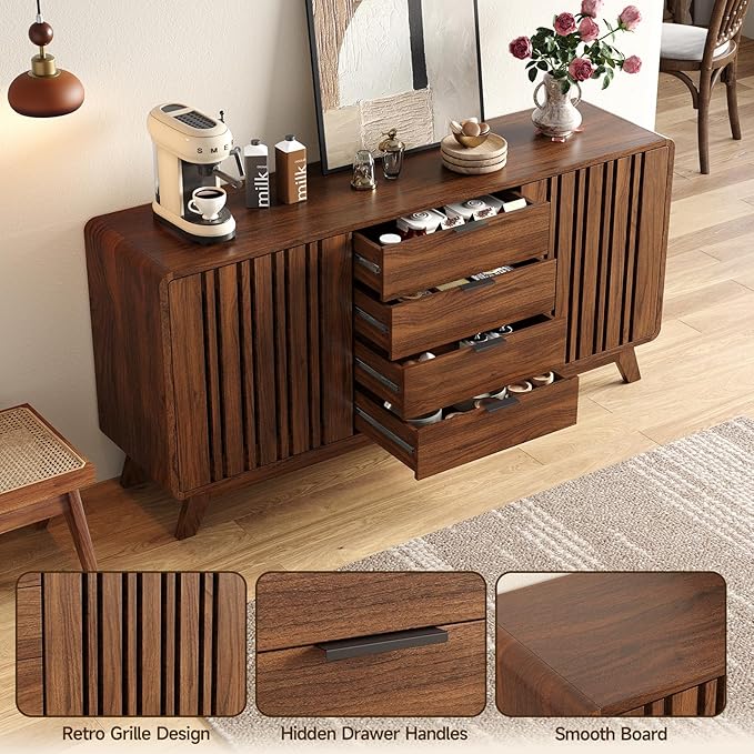 ONBRILL Sideboard Buffet Cabinet with Storage, Fluted Buffet Cabinet with Sliding Doors & 4 Drawers, Mid Century Modern Coffee Bar Wine Bar Credenza for Living Room, Kitchen (Walnut)