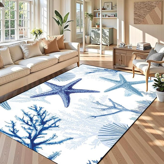 Coastal Starfish Rug 6'x9' Blue Ocean Area Rug Coral Seashell Floor Mat Washable Low Pile Carpet for Bedroom Living Room Kitchen Nursery Playroom Home Decor