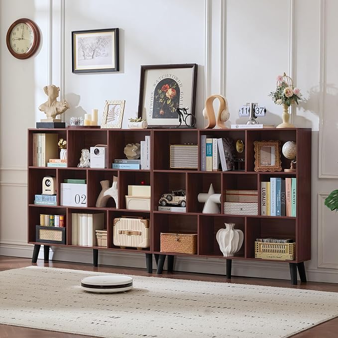 LEYAOYAO 10 Cube Bookshelf,3 Tier Modern Wide Bookcase with Legs,Mid-Century Wood Bookshelves Storage,Mint-Walnut Large Book Case,Freestanding Organizer Display Shelf for Bedroom,Living Room,Office