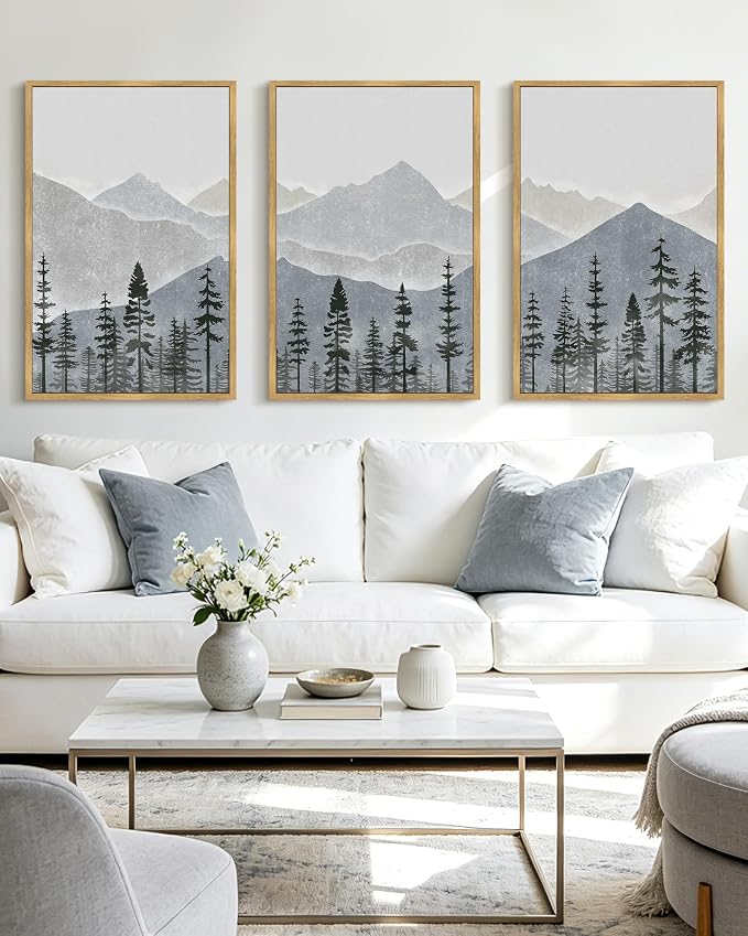 KUVIOKE Mountain Landscape Framed Wall Art Watercolor Nature Forest Painting Boho Farmhouse Rustic Room Decor for Bedroom Dining Room 16x24in (Natural Framed)