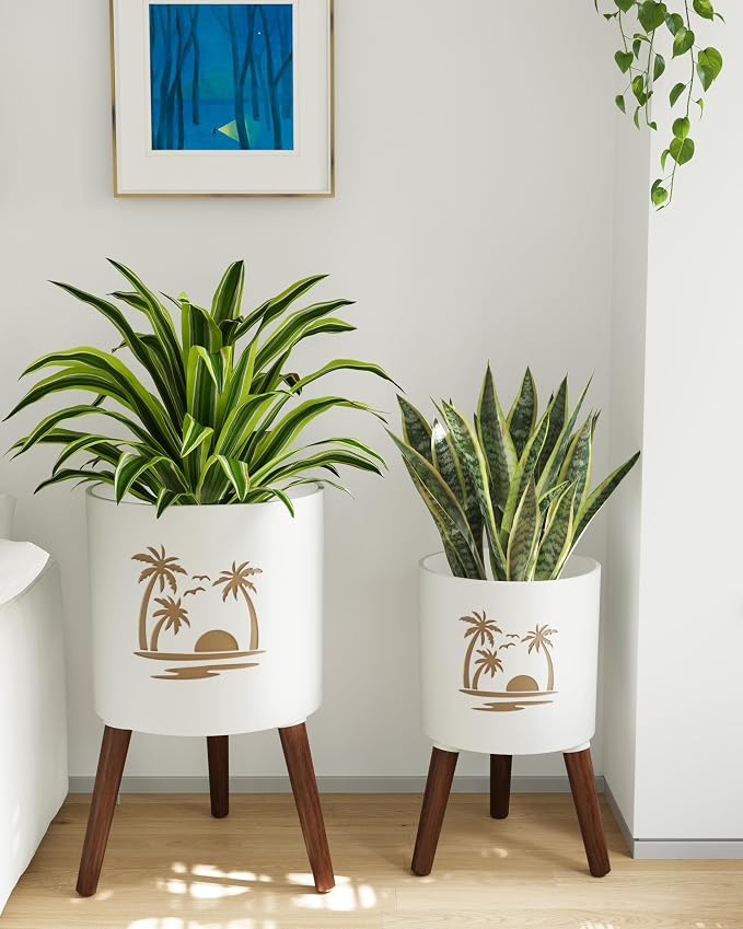 2 Set Plant Pot with Stand 10 & 12 inches – Large Indoor Pots for Plants with Solid Oak Wood Stand & Drainage, Palm，White ＆ Gold