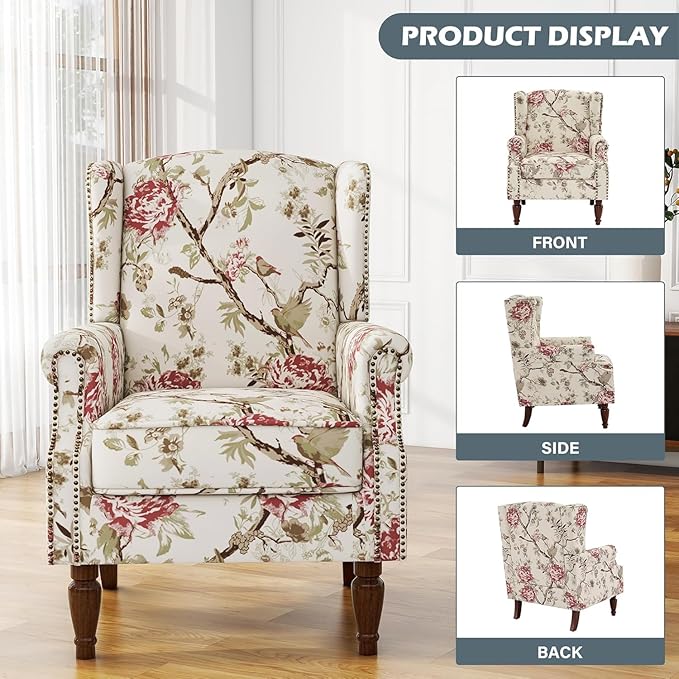High Back Accent Chair, Fabric Wingback Chair Upholstered Armchair for Living Room - Beige Floral