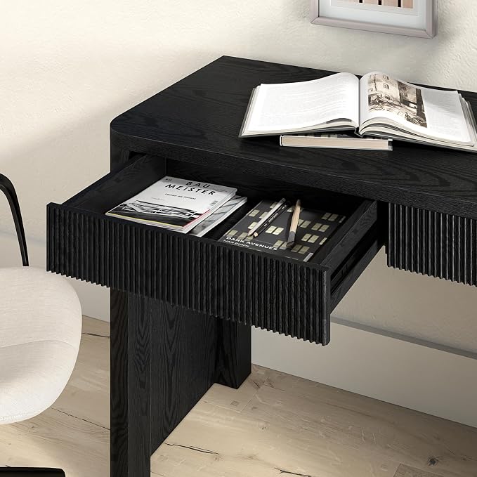 Henn&Hart 48" Fluted Modern Rectangular Home Office Desk Ribbed Computer Desk Writing Table with 2 Storage Drawers for Home Office, Natural Black