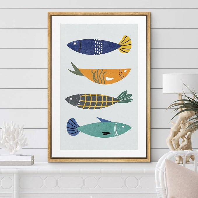Woodrose Framed Canvas Print Wall Art Retro Pattern Vintage Fish Variety Animals Shapes Illustrations Modern Minimalist Chic Relax/Calm Multicolor for Living Room, Bedroom, Office - 16"x24" Natural