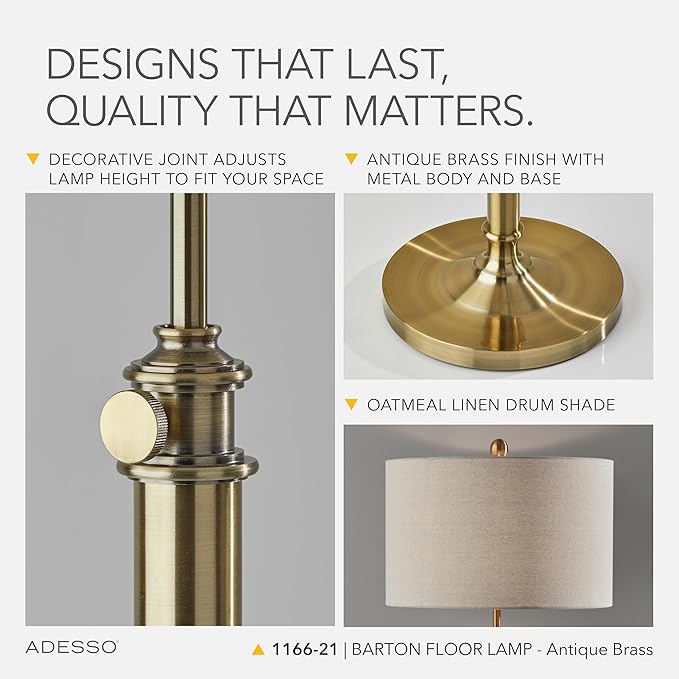 Adesso Antique Brass Floor Lamp with Oatmeal Linen Shade – Adjustable Height Accent Light for Bedroom, Living Room, or Home Office, up to 65.5” Tall