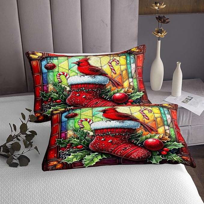 Merry Christmas Kids Bedspread Queen Size,Redbird Candy Christmas Stocking Happy New Year Coverlet Set,Boys Girls Room Decor,Leaves Geometric Quilted Coverlet,Red Xmas Bedding Quilt,2 Pillowcases
