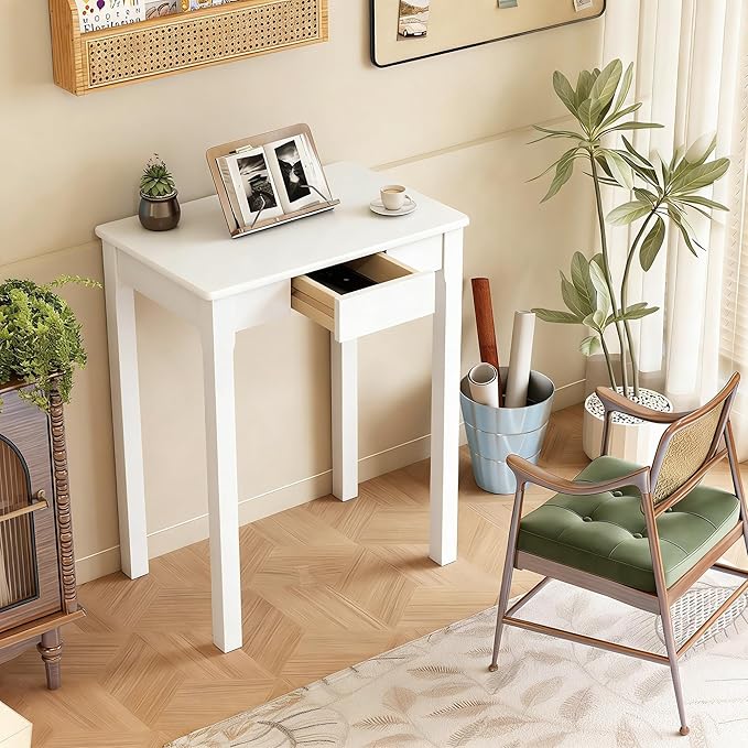 Solid Wood Desk with Drawers - 24 x 16 Inch Simple Narrow Desks, Rubber Wood Study Table, Small Writing Desk for Small Spaces|Bedroom - Modern White Desks
