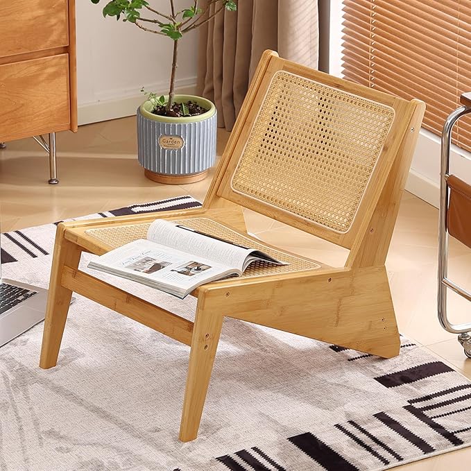 Welnow Mid Century Rattan Accent Chair, Bamboo Wood Lounge Chair with Woven Cane Backrest, Low Armchair for Living Room, Bedroom, Balcony or Reading Corner, Natural