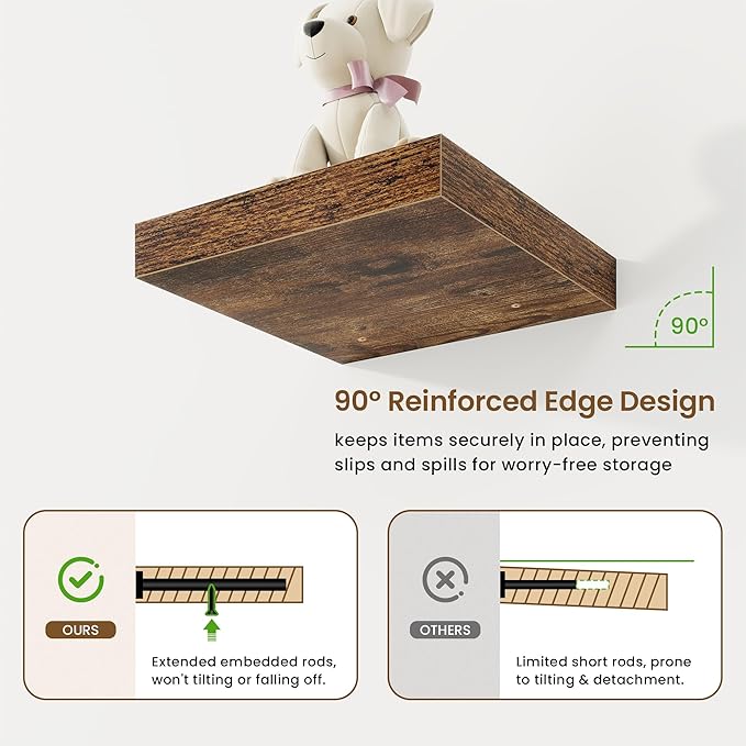 Square Floating Shelves for Wall, 9.25"W x 9.25"D x 1.25"H, 3 Pack Small Wall Mounted Engineered Wood Shelves with Invisible Brackets for Living Room, Bedroom, Bathroom, Kitchen Decor, Rustic Brown