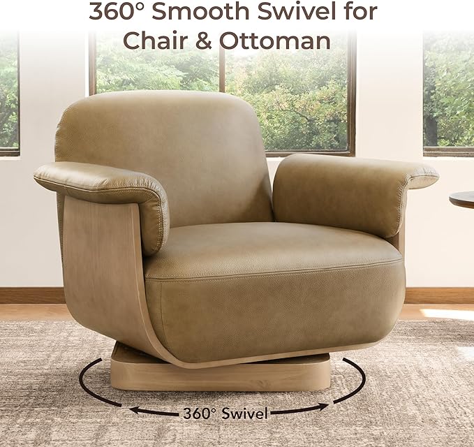 CHITA Genuine Leather Reclining Swivel Chair with Storage Ottoman, Modern Living Room Accent Chair with Lounge Seat for Bedroom, Office, Mocha