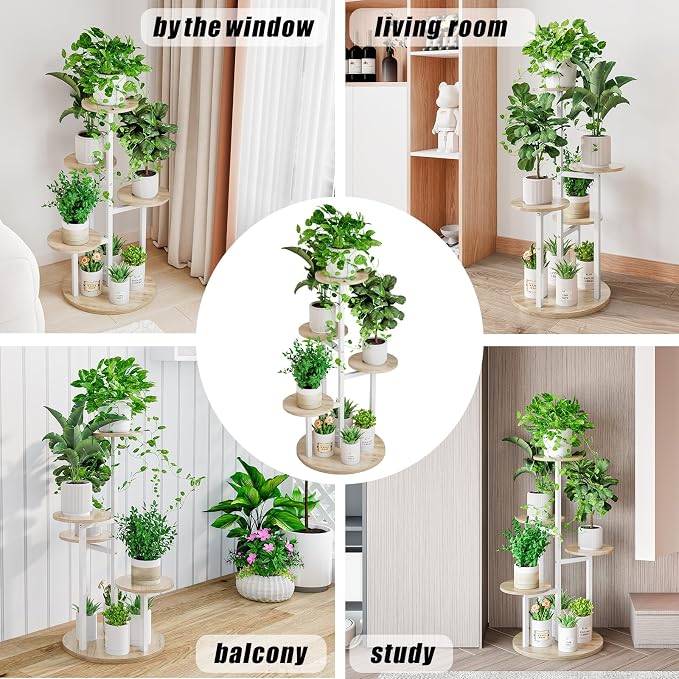 INGIORDAR Plant Stand Indoor Outdoor Corner Plant Shelf for Multiple Flower Pots Flower Stand Holder for Patio Garden Balcony Living Room (White+Sonoma Oak, 5 Tier)