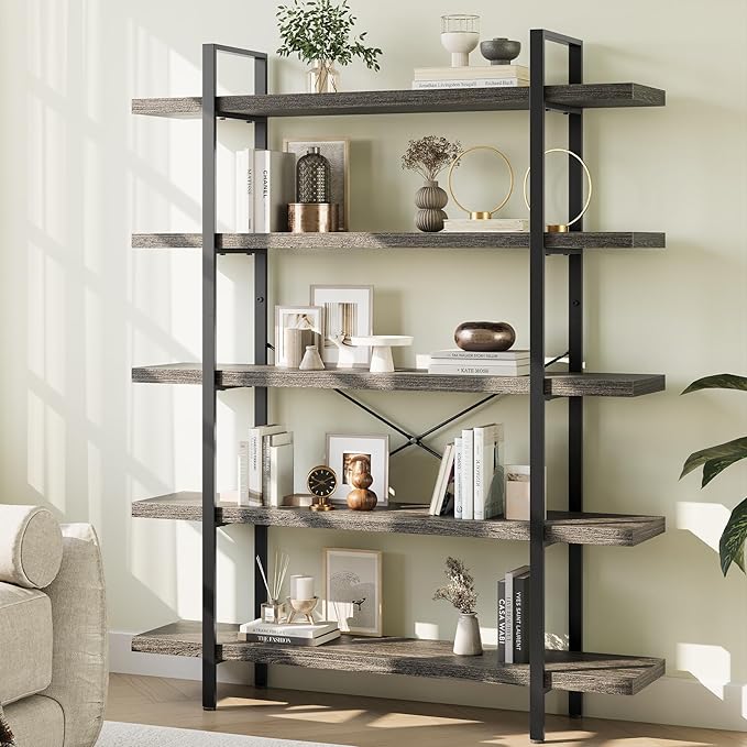 Heavy Duty 5-Tier Industrial Bookcase, 47" Wide Wood Bookshelf for Home Office, 120lbs Shelf Capacity, Rustic Shelving Display with Reinforced Horizontal Shelf for Living Room Bedroom,Grey