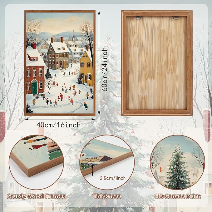 HLNIUC Christmas House Snowy Scene Framed Wall Art,Christmas Pine Trees Landscape Wall Decor,Modern Xmas Snow Scene Canvas Painting,Vintage Winter Festive Art Print for Living Room Bedroom-16 x24 x3