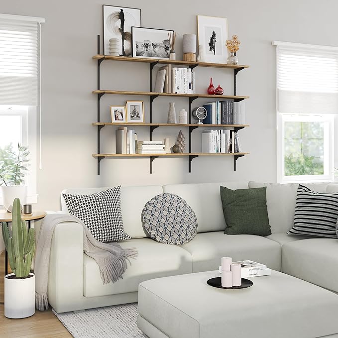 Wallniture Turin 60 Inch Floating Shelf, Adjustable Wall Shelves, Wood Shelving, Wooden Floating Shelves, Wall Mounted Bookshelf, Storage for Living Room, Kitchen, Office, 4 Tier, Burnt Finish