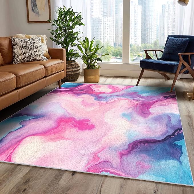 Colorful Marble Fluid Area Rug, Watercolor Abstract Pattern Carpet, Washable Non Slip Low Pile Soft Thin, Living Room Bedroom Home Decor Mat 6x8ft