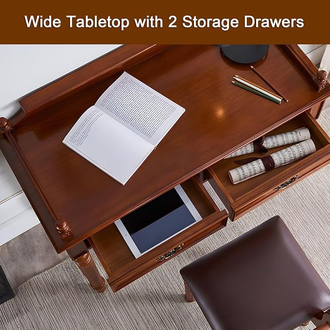 Mid-Century Home Office Desk with 2 Drawers, Storage Vanity Dressing Table, Solid Wood Wide Writing Study Desk, Computer Desks for Bedroom, Living Room(35.5" W x 17.7" D, Khaki)