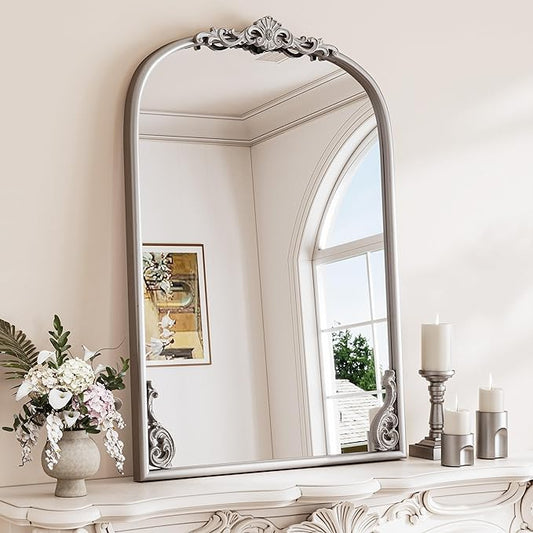 TETOTE Silver Arched Mirror for Mantle Fireplace 24 x 36 Baroque Antique Silver Vintage Arch Ornate Mirror for Traditional Victorian French Decor, French Cleat Mount