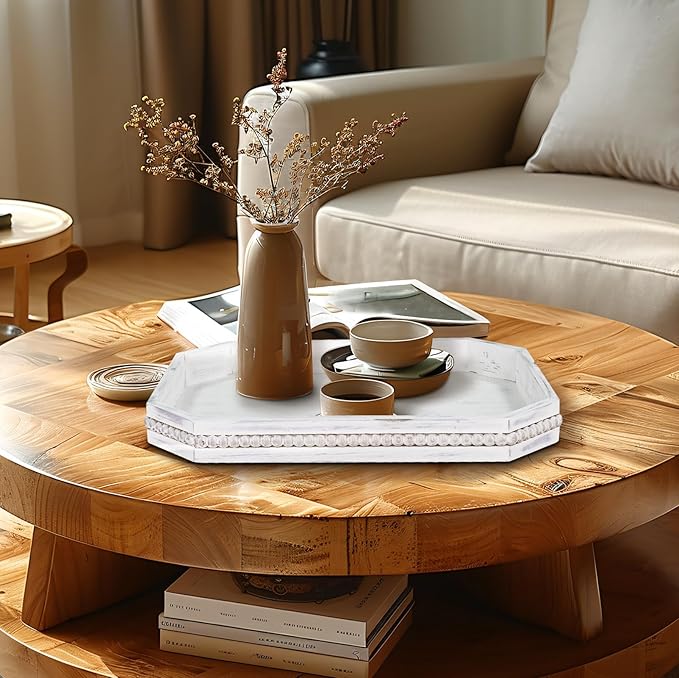 MAONAME Wood Serving Tray, Farmhouse Wooden Tray for Coffee Table, Octagonal Beaded Trays, Vintage White Decorative Trays for Living Room, Kitchen, 15.7" X 10.2" X 1.6"