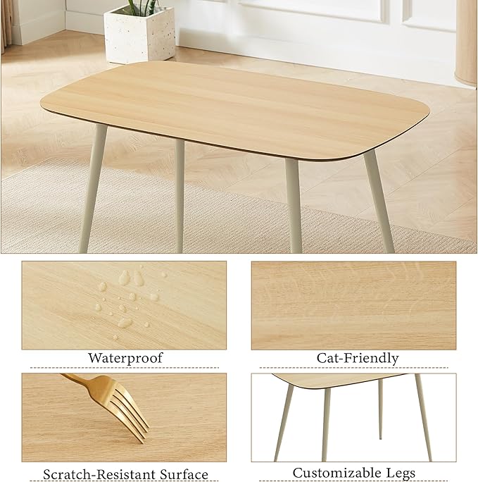 47.2" Modern Dining Table Set for 4, Wood Table with 4 Black Leather Chairs, Stylish Kitchen & Dining Room Furniture, Space-Saving Table and Chairs Set