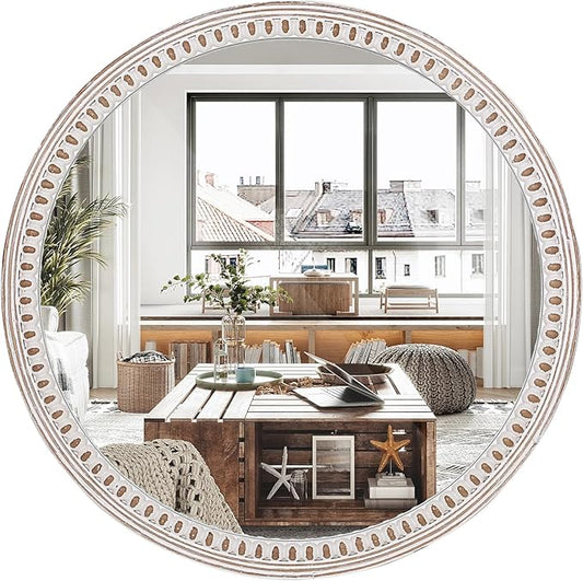 24 Inch Rustic Farmhouse Round Wood Wall Mirror, Decorative Circle Mirrors for Bathroom Over Sink, Living Room, Entryway, Bedroom
