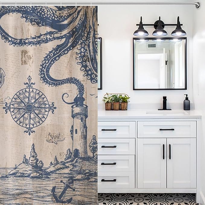 Ocean Nautical Shower Curtains,Sailboat Compass Hand Painted Navigation Vintage Nautical Elements Waterproof Shower Curtains for Bathroom Decor 12 Pack Hooks 72x72in (183x183cm)
