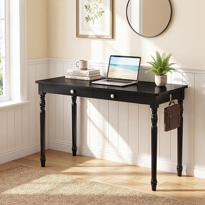 Mid Century Modern Desk, 47" Black Solid Wood Desk with 2 Drawers, Boho Writing Desk Computer Table for Home, Office, Bedroom, Living Room