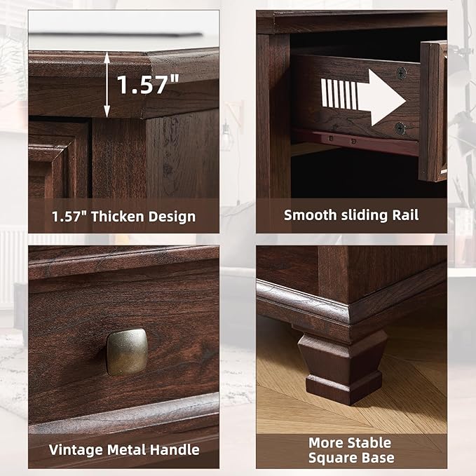 Farmhouse End Tables Living Room with Drawer, Rustic Wood Nightstand with Charging Station, Brown Bedside Table with Open Shelf for Bed Room, Living Room, Walnut
