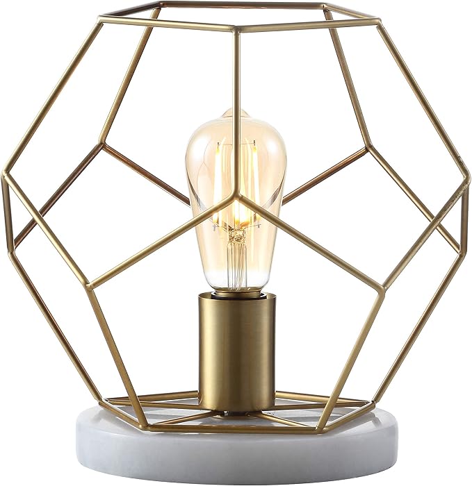 JONATHAN Y 10" Brass Gold Geometric Table Lamp, Midcentury Modern Metal Desk Lamp for Living Room Bedroom, White Marble Base, Glam Bedside Nightstand Light with LED Bulb JYL1047A