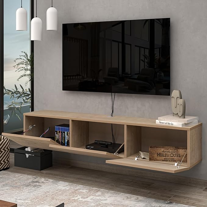 Floating TV Stand Wall Mounted for 65"–80" TVs, Modern Floating Entertainment Center with Cable Management, Wall Mount TV Stand with Storage, Mounted TV Console for Living Room