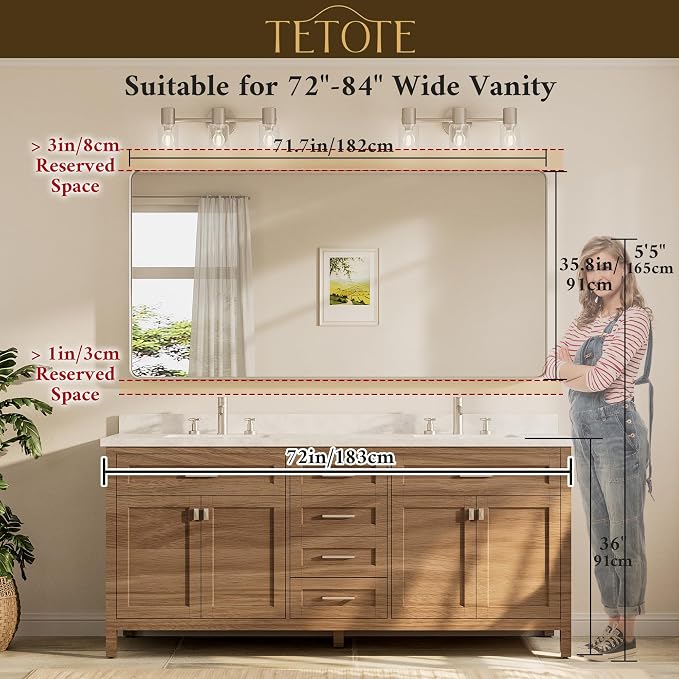 TETOTE 72 x 36 Inch Brushed Nickel Bathroom Mirror for Vanity Metal Framed Mirror Modern Farmhouse for Living Room Entryway(Horizontal/Vertical)