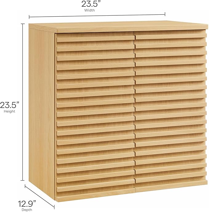 Modway Render Bathroom Cabinet Set in Oak - Freestanding Linen Cabinet and Wall Mounted Storage with Slatted Doors, Adjustable Shelves