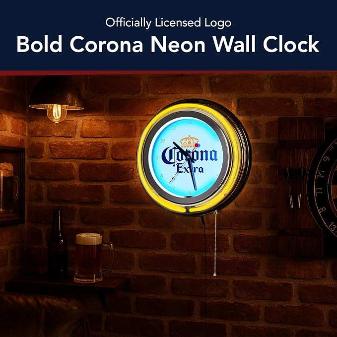 American Art Decor Retro Neon Wall Clock - Round Battery Operated Vintage Analog Clock W/Pull Chain - for Bar, Man Cave, Garage, Arcade, Game Room & More (Corona, 14.5” x 14.5” x 3.25”)