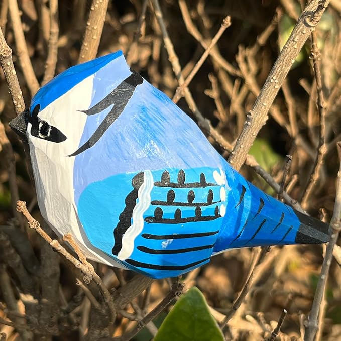 H&Zebrabro Hand Carved Bird Figurines, Hand-Painted Sculpted Wooden Birds, Wood Bird Sculptures for Home Decoration, Hand Crafted Life Like Bird Statues, Ideal Gifts for Bird Lovers (Blue Jay)