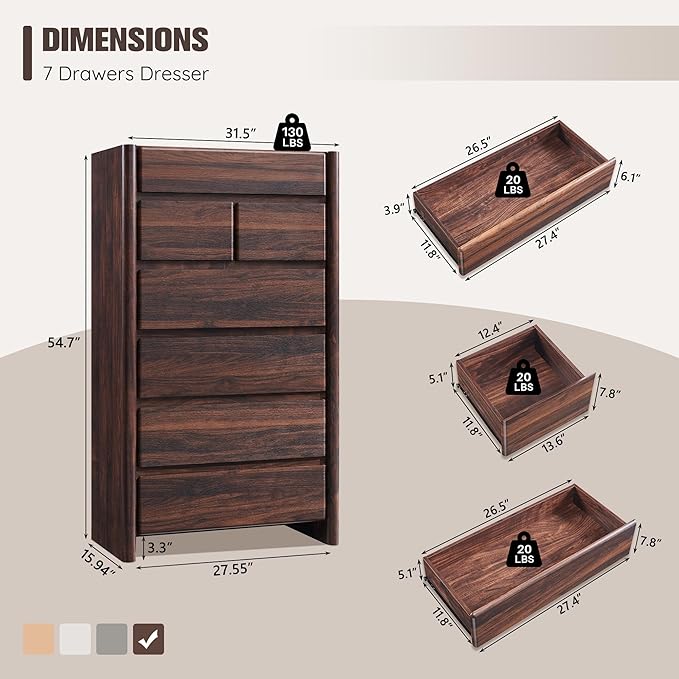 Modern 7 Drawers Dresser for Bedroom, 54.7" Tall Large Dresser & Chests of Drawers w/Rounded Corner, Wood Handleless Organizer Dresser w/Natural Texture for Bedroom, Living Room-Brown