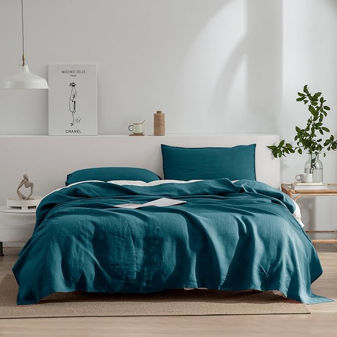 EVERLY Linen Queen Sheets Set, 100% Stonewashed French Linen Bed Sheets Deep Pocket Sheets, 4 Pieces (1 Flat Sheet, 1 Fitted Sheet, 2 Pillowcases) Natural Flax Bedding Set-Graphite Blue